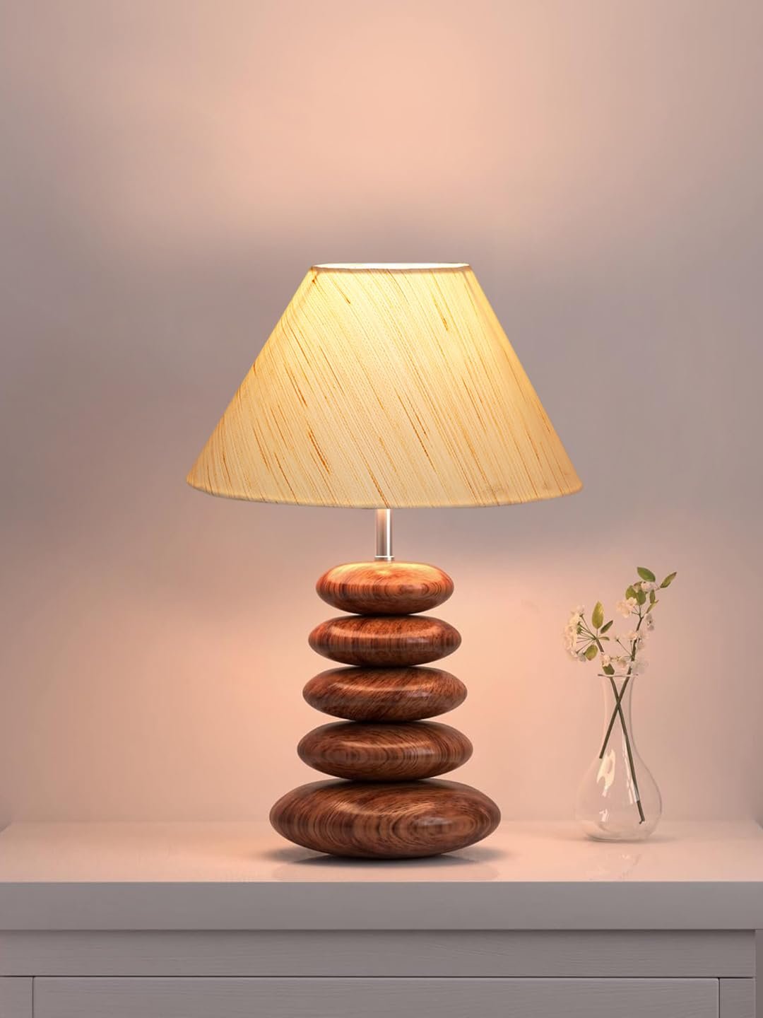 Upscale Table Lamp with Glass & Wooden Base | Elegant Night Light for Home & Room Decoration | Bedroom & Living Room Lighting | Multiple Designs - (offwhite)