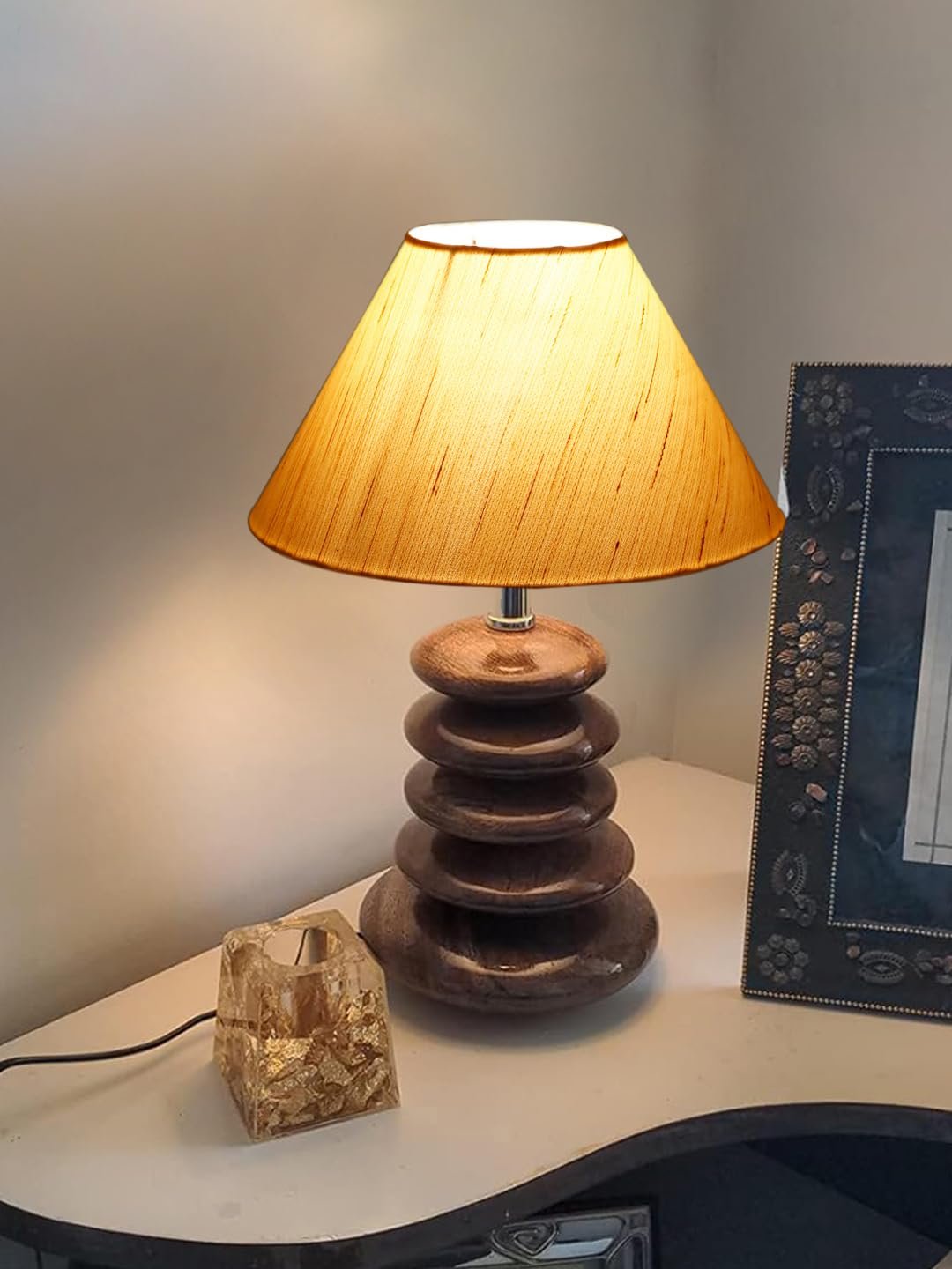Upscale Table Lamp with Glass & Wooden Base | Elegant Night Light for Home & Room Decoration | Bedroom & Living Room Lighting | Multiple Designs - (offwhite)