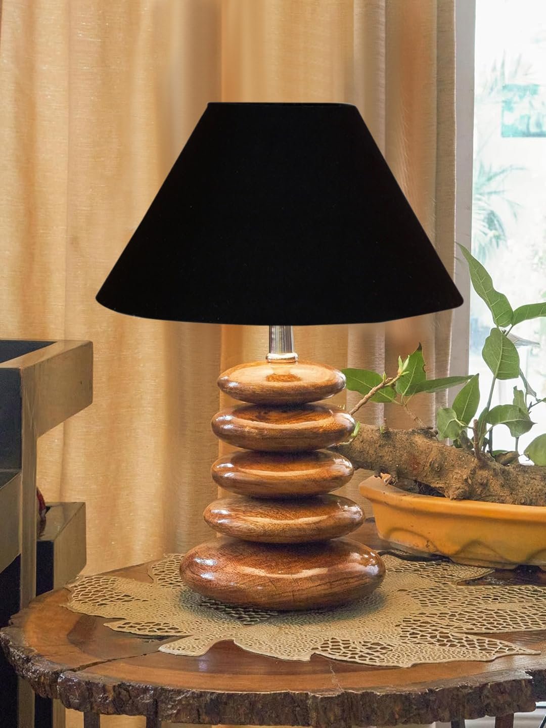 Upscale Table Lamp with Glass & Wooden Base | Elegant Night Light for Home & Room Decoration | Bedroom & Living Room Lighting | Multiple Designs - (Black)