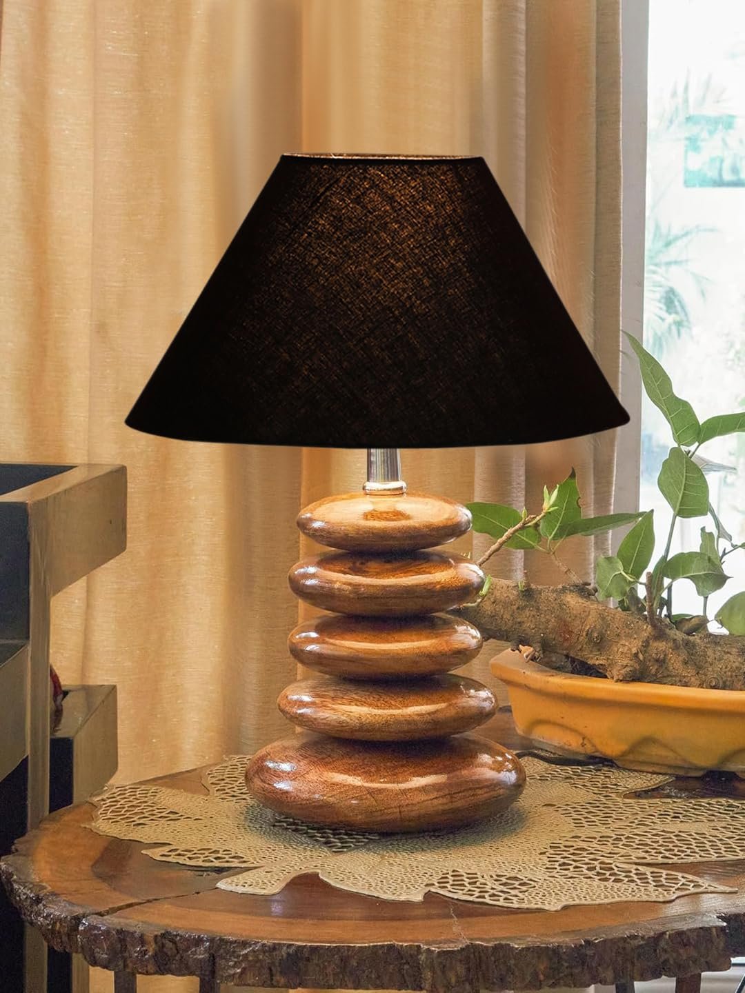 Upscale Table Lamp with Glass & Wooden Base | Elegant Night Light for Home & Room Decoration | Bedroom & Living Room Lighting | Multiple Designs - (Black)