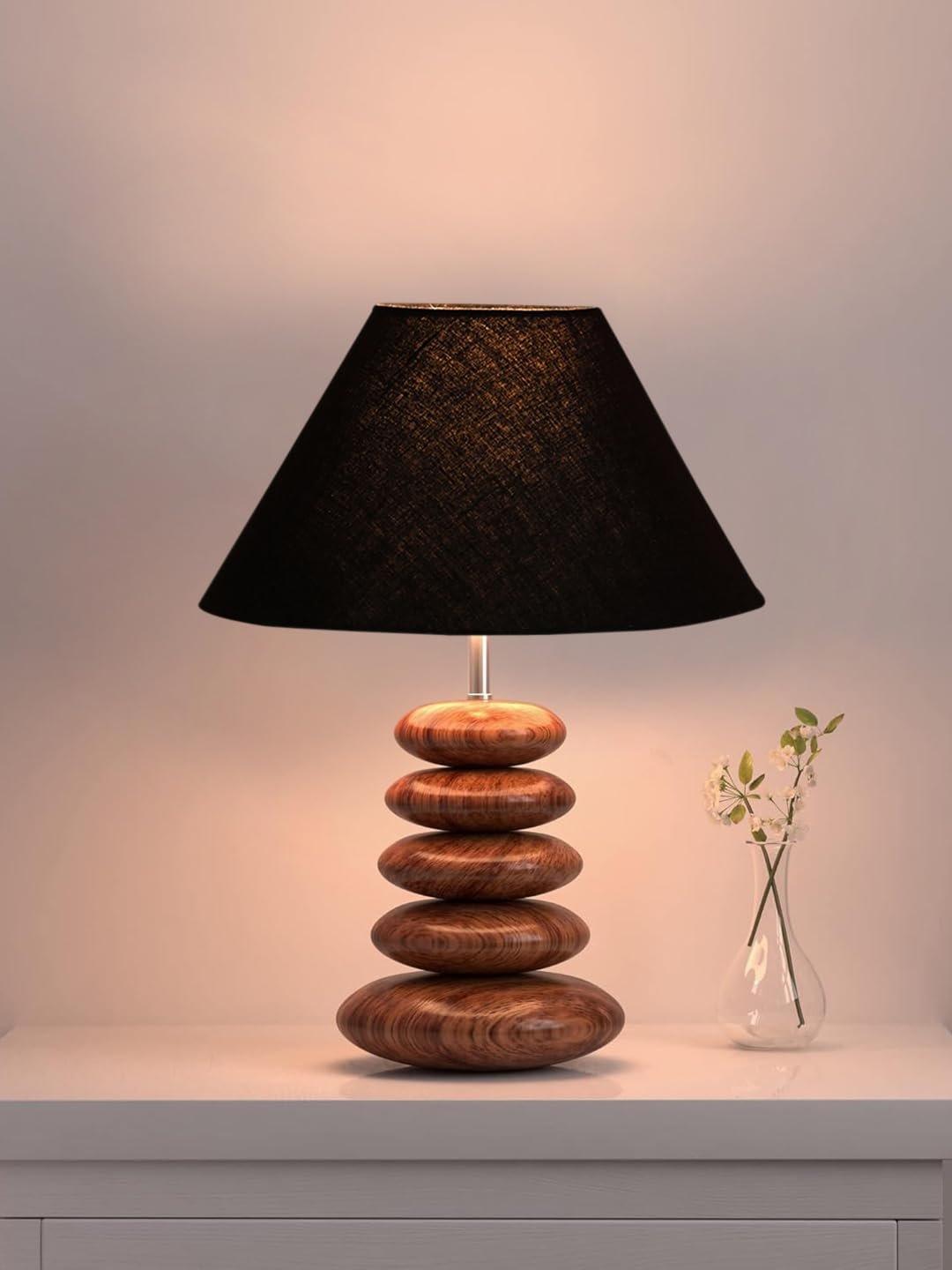 Upscale Table Lamp with Glass & Wooden Base | Elegant Night Light for Home & Room Decoration | Bedroom & Living Room Lighting | Multiple Designs - (Black)