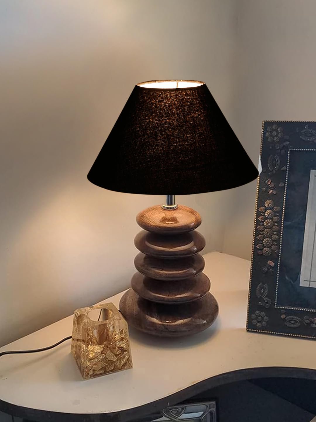 Upscale Table Lamp with Glass & Wooden Base | Elegant Night Light for Home & Room Decoration | Bedroom & Living Room Lighting | Multiple Designs - (Black)