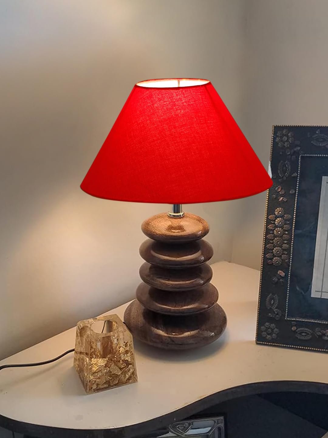 Upscale Table Lamp with Glass & Wooden Base | Elegant Night Light for Home & Room Decoration | Bedroom & Living Room Lighting | Multiple Designs - (Red)