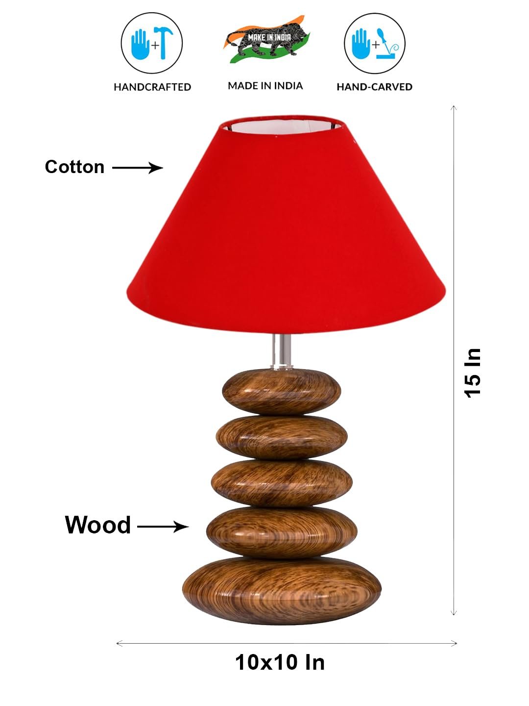 Upscale Table Lamp with Glass & Wooden Base | Elegant Night Light for Home & Room Decoration | Bedroom & Living Room Lighting | Multiple Designs - (Red)