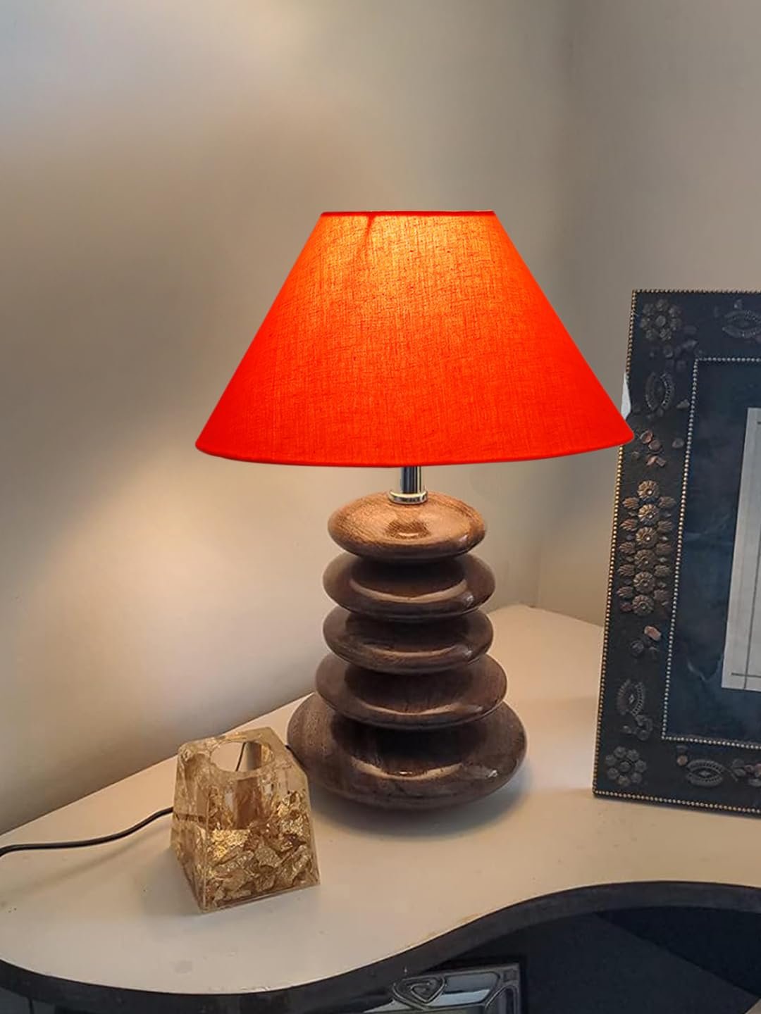 Upscale Table Lamp with Glass & Wooden Base | Elegant Night Light for Home & Room Decoration | Bedroom & Living Room Lighting | Multiple Designs - (Orange)