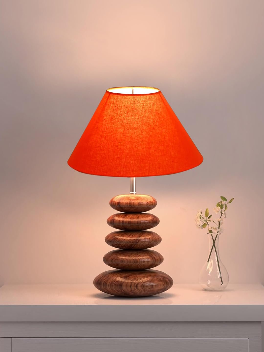 Upscale Table Lamp with Glass & Wooden Base | Elegant Night Light for Home & Room Decoration | Bedroom & Living Room Lighting | Multiple Designs - (Orange)