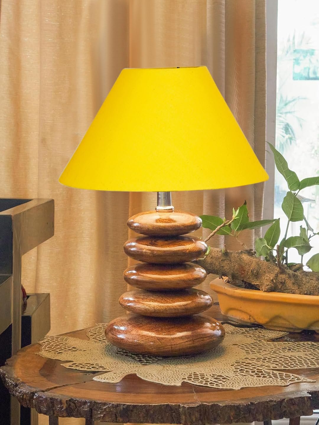 Upscale Table Lamp with Glass & Wooden Base | Elegant Night Light for Home & Room Decoration | Bedroom & Living Room Lighting | Multiple Designs - (Yellow)