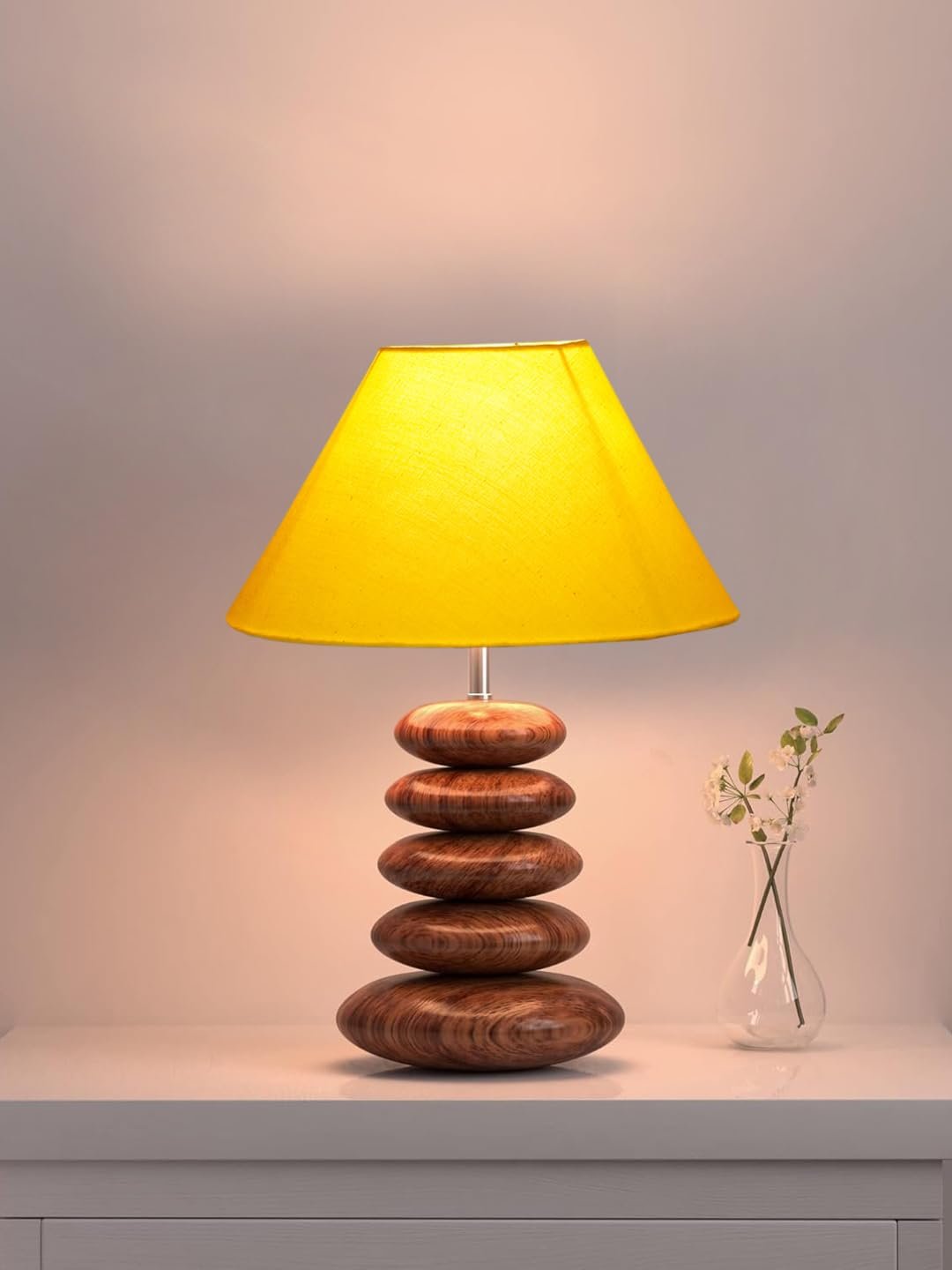 Upscale Table Lamp with Glass & Wooden Base | Elegant Night Light for Home & Room Decoration | Bedroom & Living Room Lighting | Multiple Designs - (Yellow)