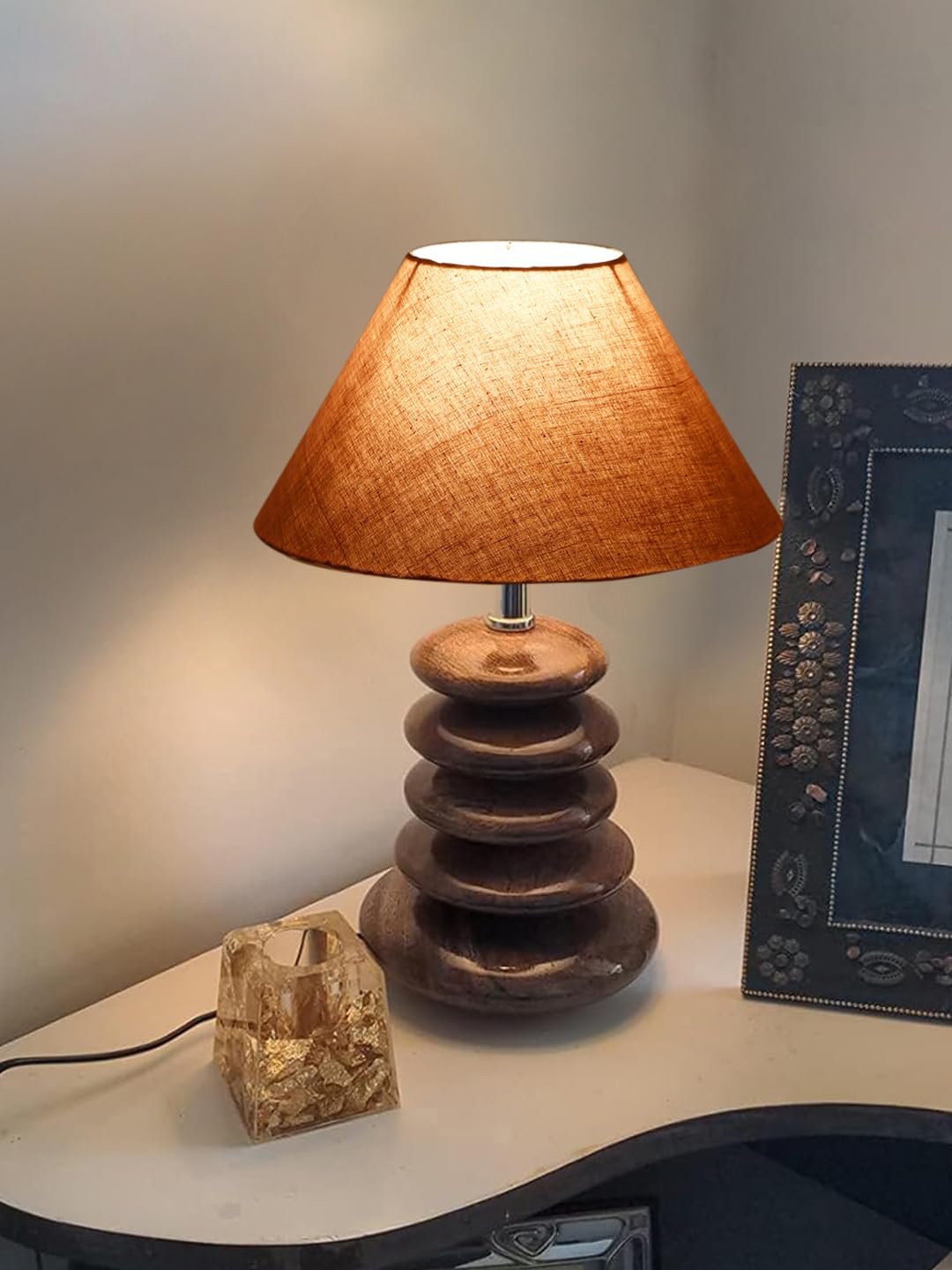 Upscale Table Lamp with Glass & Wooden Base | Elegant Night Light for Home & Room Decoration | Bedroom & Living Room Lighting | Multiple Designs - (Grey)