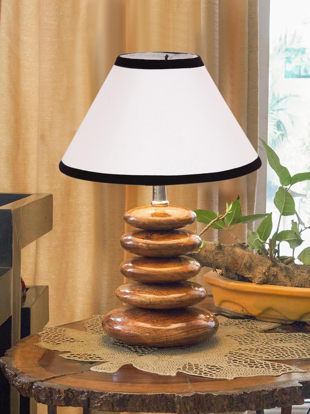 Upscale Table Lamp with Glass & Wooden Base | Elegant Night Light for Home & Room Decoration | Bedroom & Living Room Lighting | Multiple Designs - (White-Black)
