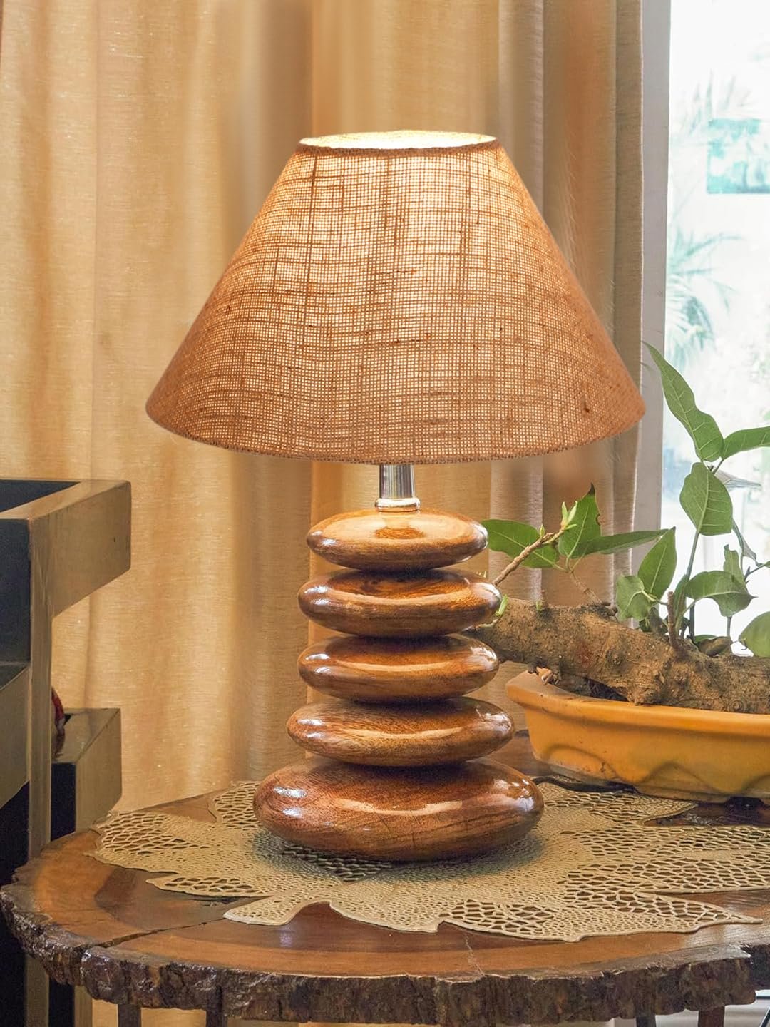 Upscale Table Lamp with Glass & Wooden Base | Elegant Night Light for Home & Room Decoration | Bedroom & Living Room Lighting | Multiple Designs - Beige