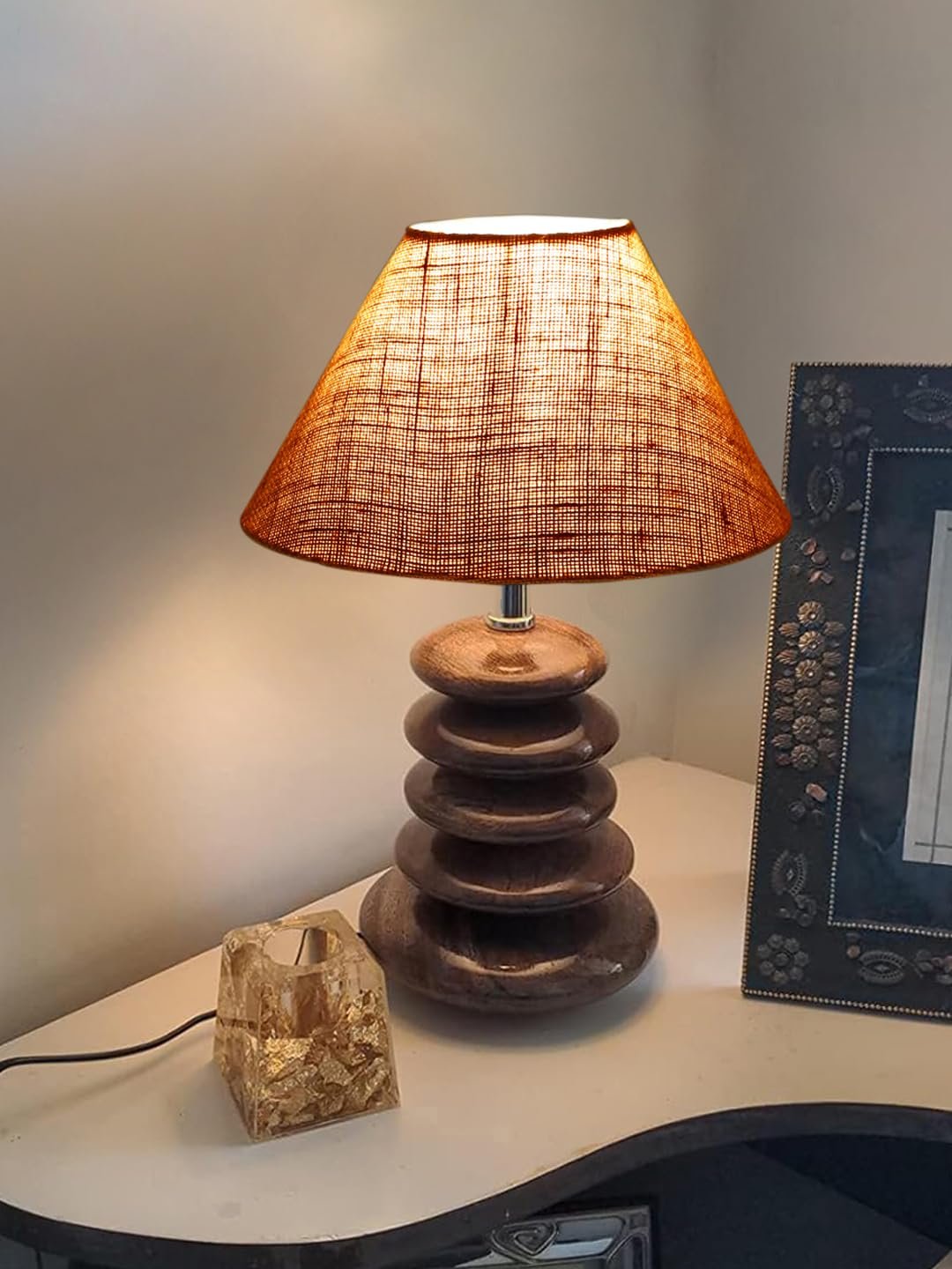 Upscale Table Lamp with Glass & Wooden Base | Elegant Night Light for Home & Room Decoration | Bedroom & Living Room Lighting | Multiple Designs - Beige