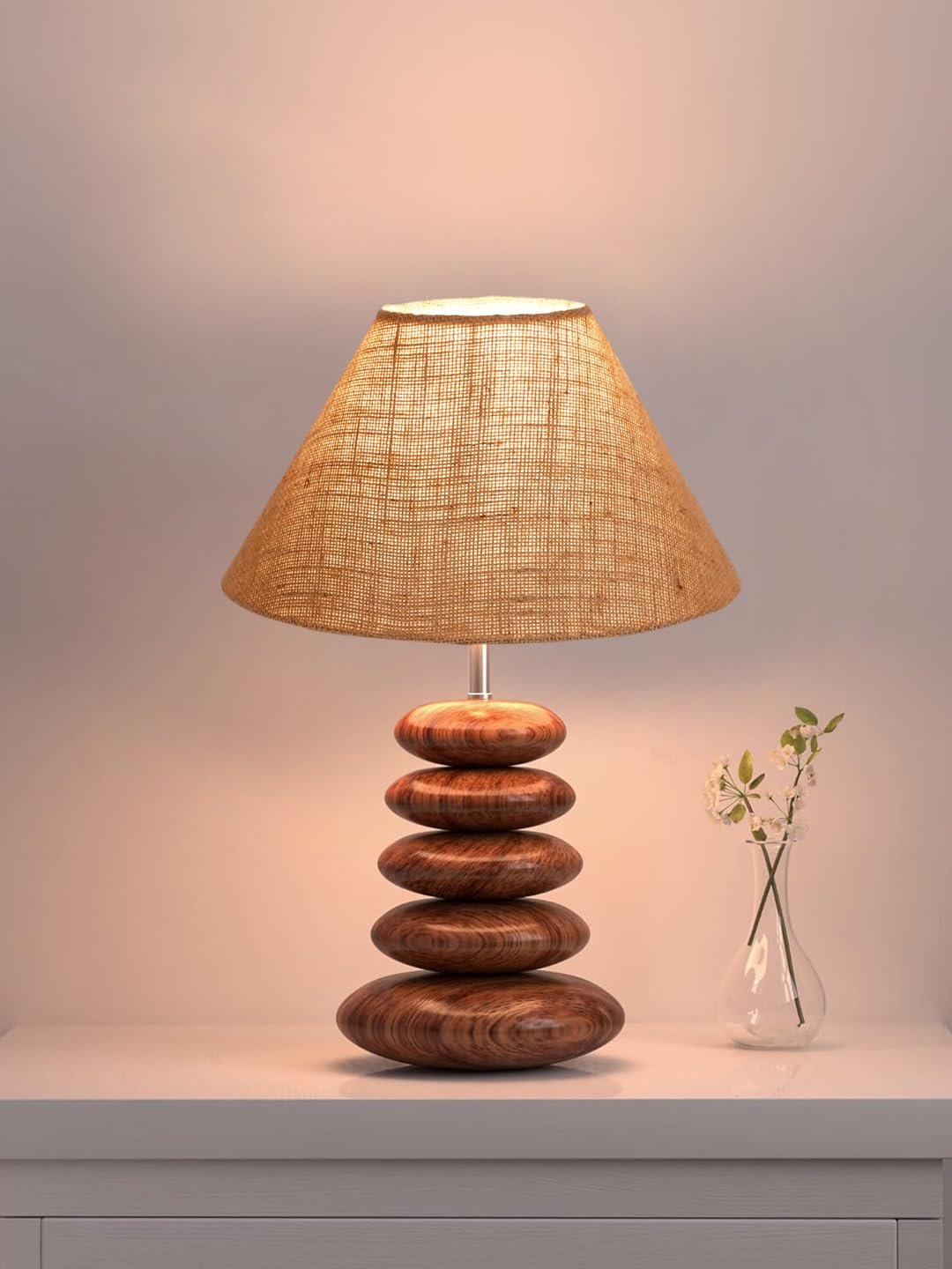 Upscale Table Lamp with Glass & Wooden Base | Elegant Night Light for Home & Room Decoration | Bedroom & Living Room Lighting | Multiple Designs - Beige