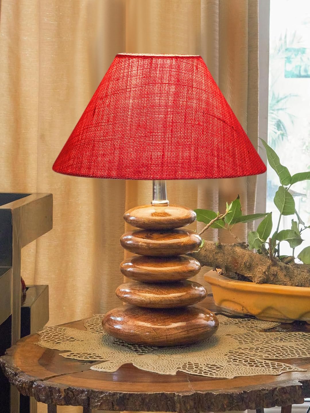 Upscale Table Lamp with Glass & Wooden Base | Elegant Night Light for Home & Room Decoration | Bedroom & Living Room Lighting | Multiple Designs - (Pink)