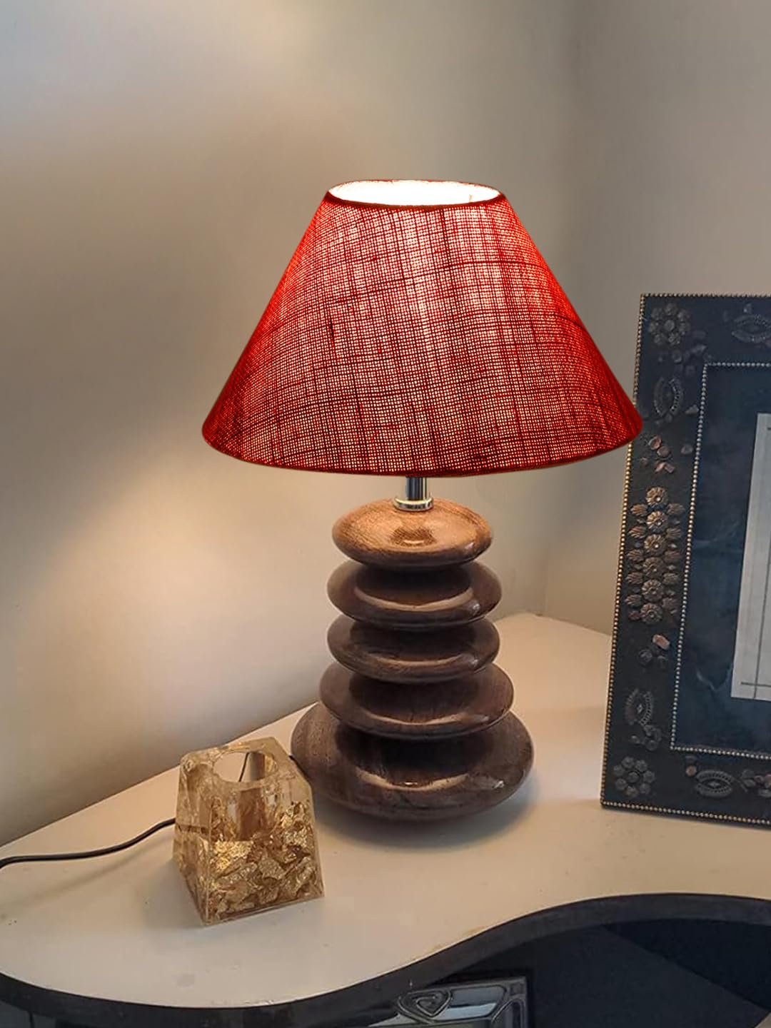 Upscale Table Lamp with Glass & Wooden Base | Elegant Night Light for Home & Room Decoration | Bedroom & Living Room Lighting | Multiple Designs - (Pink)