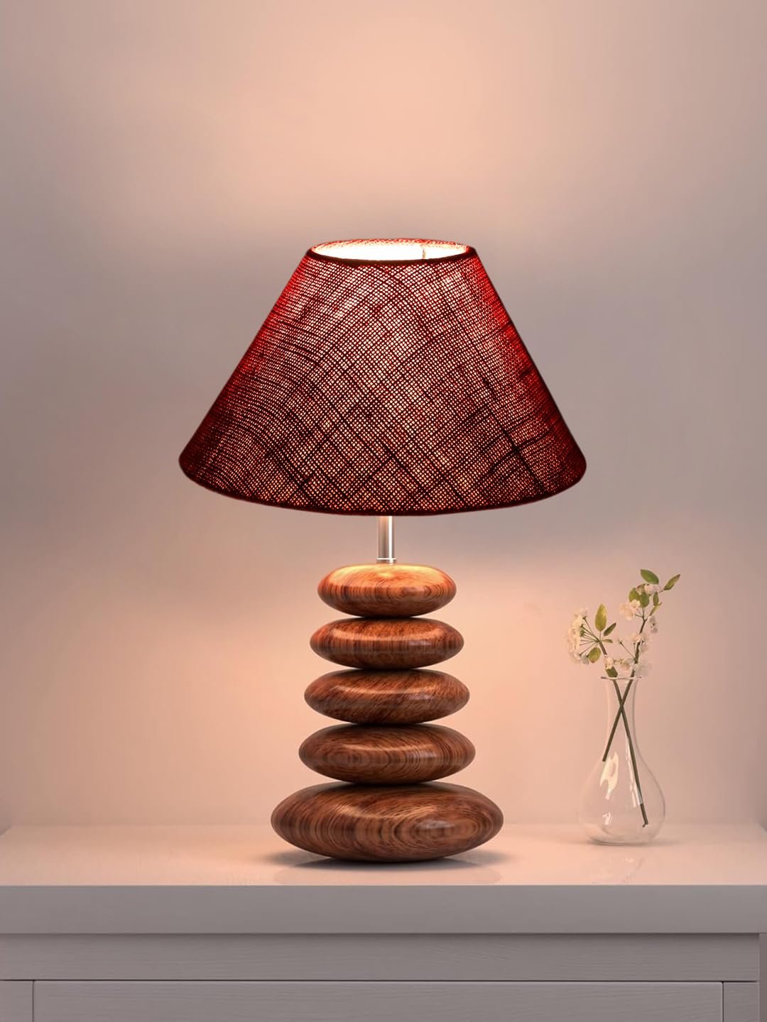Upscale Table Lamp with Glass & Wooden Base | Elegant Night Light for Home & Room Decoration | Bedroom & Living Room Lighting | Multiple Designs - (Maroon)
