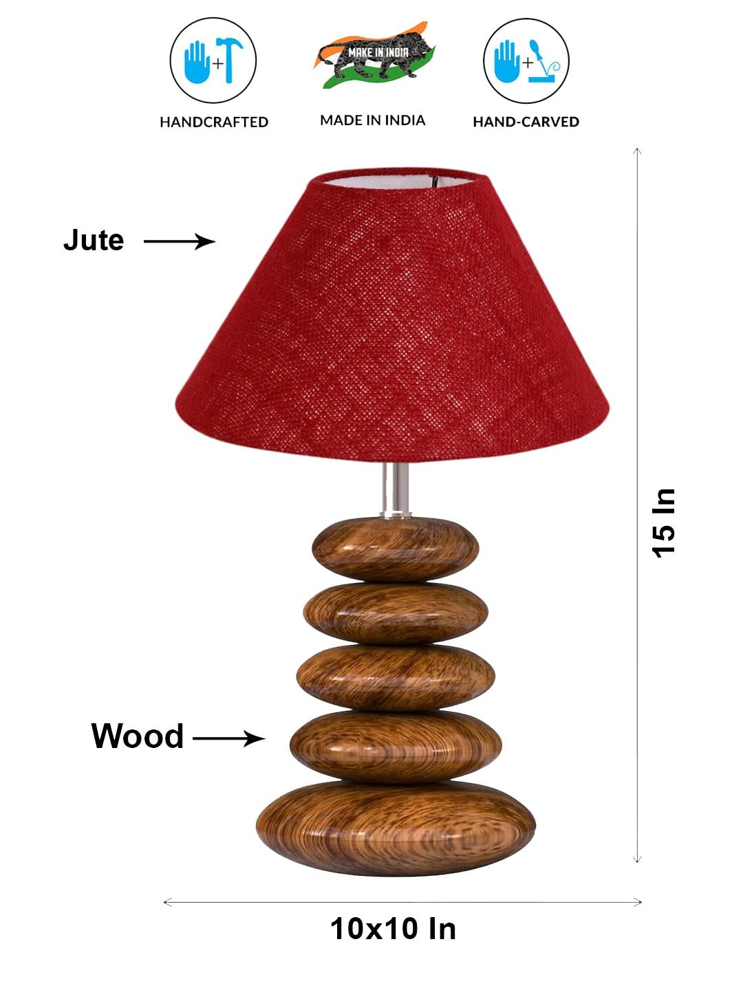 Upscale Table Lamp with Glass & Wooden Base | Elegant Night Light for Home & Room Decoration | Bedroom & Living Room Lighting | Multiple Designs - (Maroon)