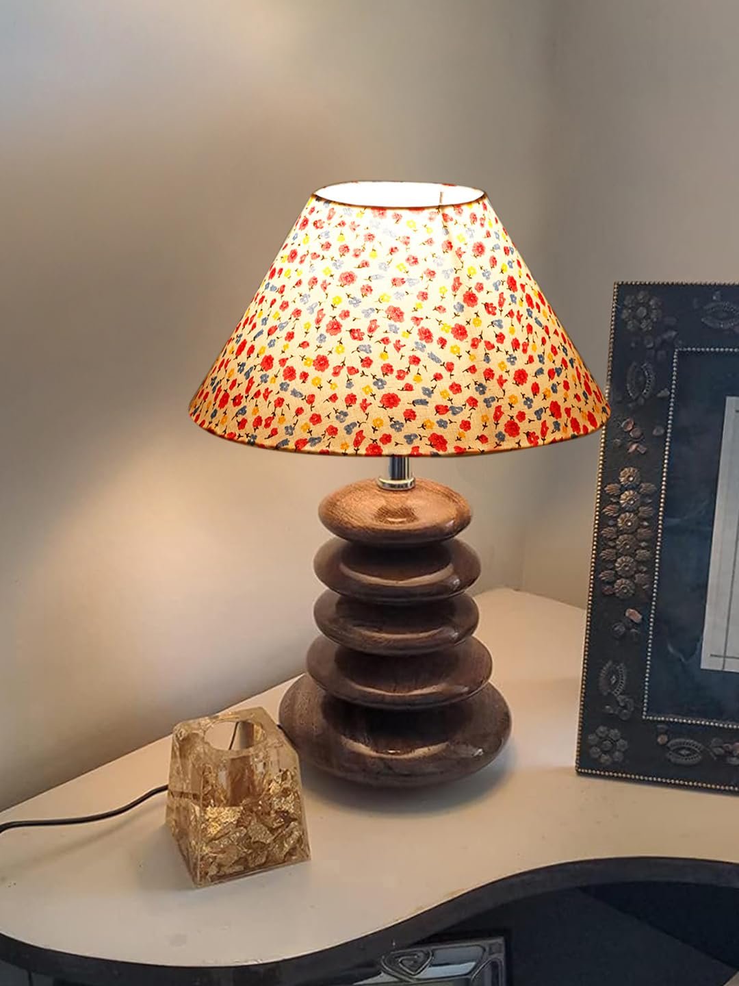 Premium Glass Table Lamp | Decorative Wooden Base Light for Bedroom & Living Room | Perfect Home Accent | Available in Patterns