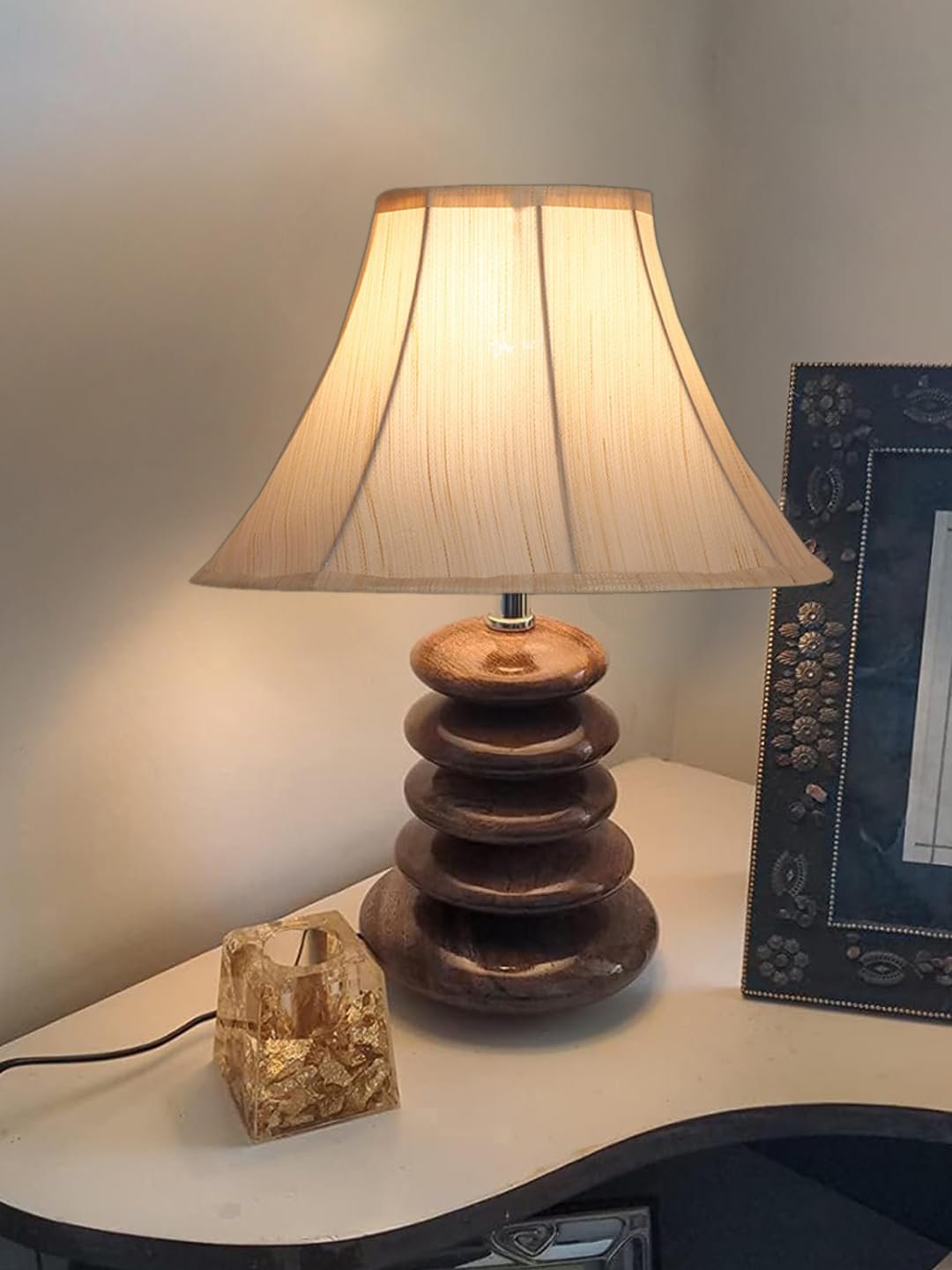 Handmade Glass Lamp | Elegant Table Light with Wooden Base | Perfect for Bedroom, Living Room & Home Decoration | Multiple Designs � Off-White