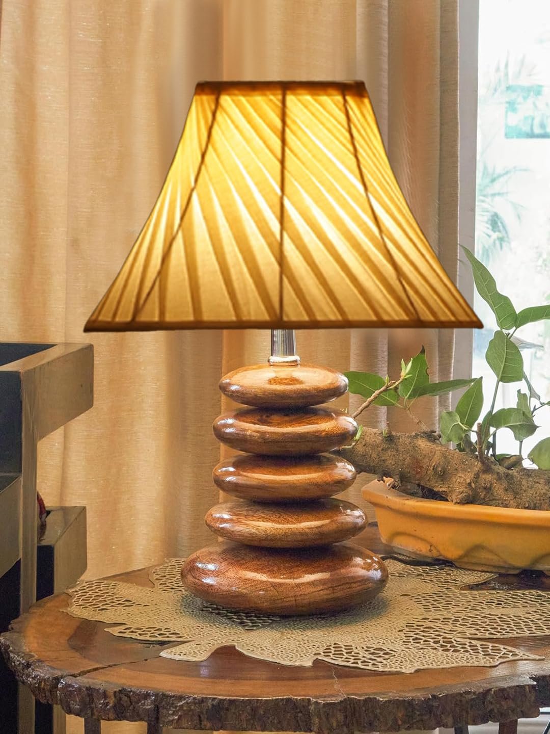 Sophisticated Glass Lamp | Decorative Wooden Base Light for Bedroom, Living Room & Home Lighting | Elegant Colors & Patterns � OffWhite