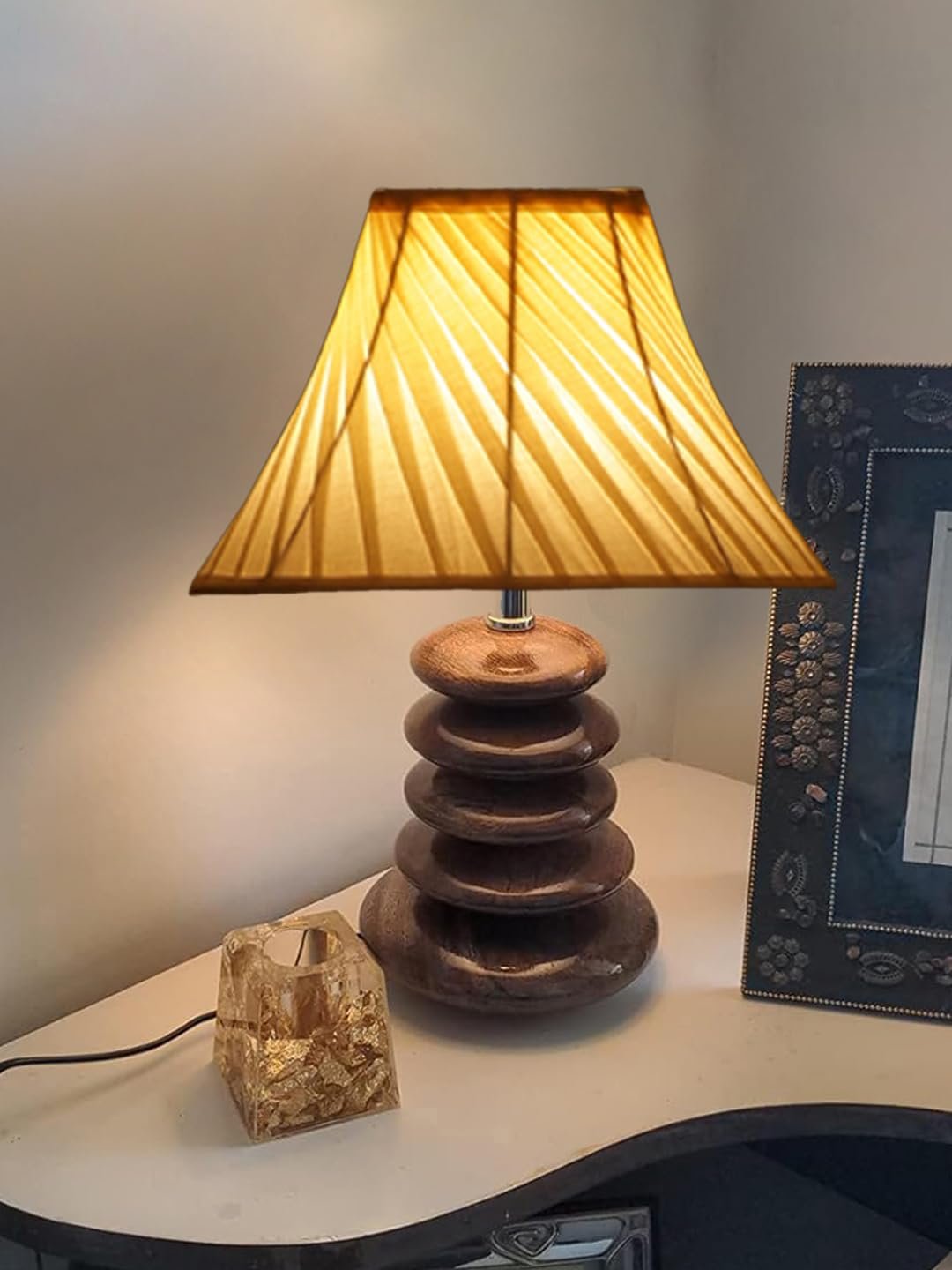 Sophisticated Glass Lamp | Decorative Wooden Base Light for Bedroom, Living Room & Home Lighting | Elegant Colors & Patterns � OffWhite