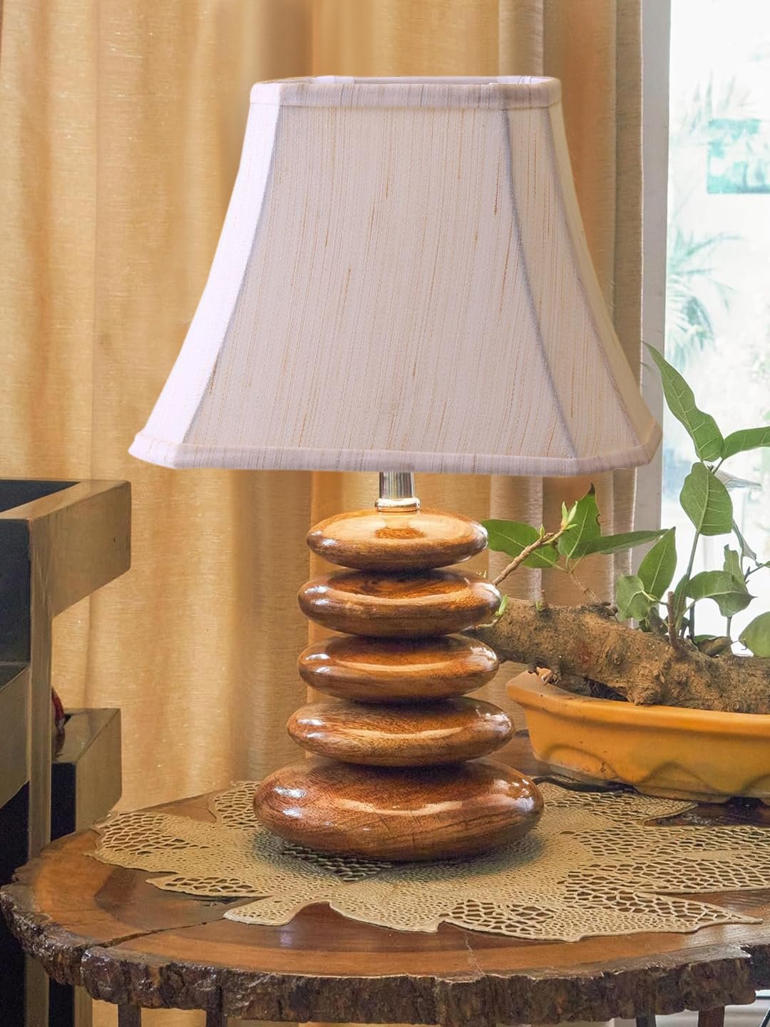 Upscale Table Lamp with Glass & Wooden Base | Elegant Night Light for Home & Room Decoration | Bedroom & Living Room Lighting | Multiple Designs - (Off-White)