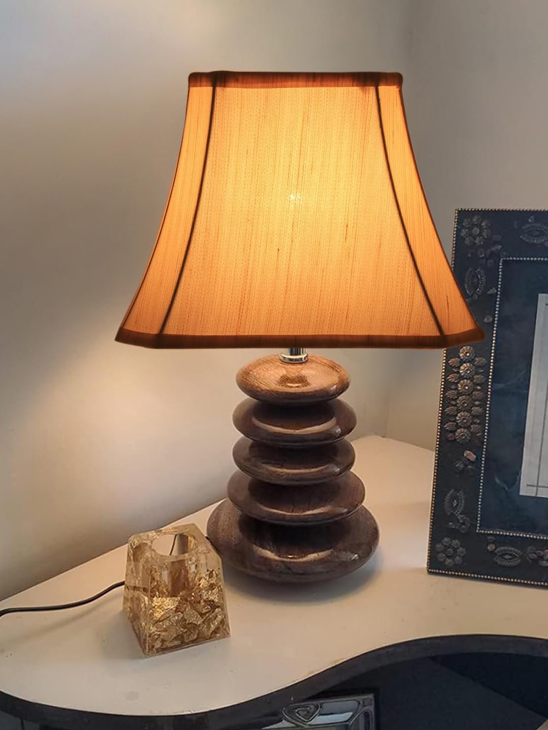 Upscale Table Lamp with Glass & Wooden Base | Elegant Night Light for Home & Room Decoration | Bedroom & Living Room Lighting | Multiple Designs - (Off-White)