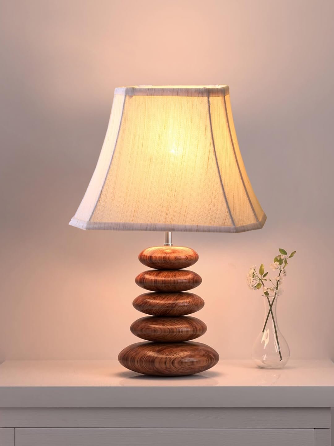 Upscale Table Lamp with Glass & Wooden Base | Elegant Night Light for Home & Room Decoration | Bedroom & Living Room Lighting | Multiple Designs - (Off-White)