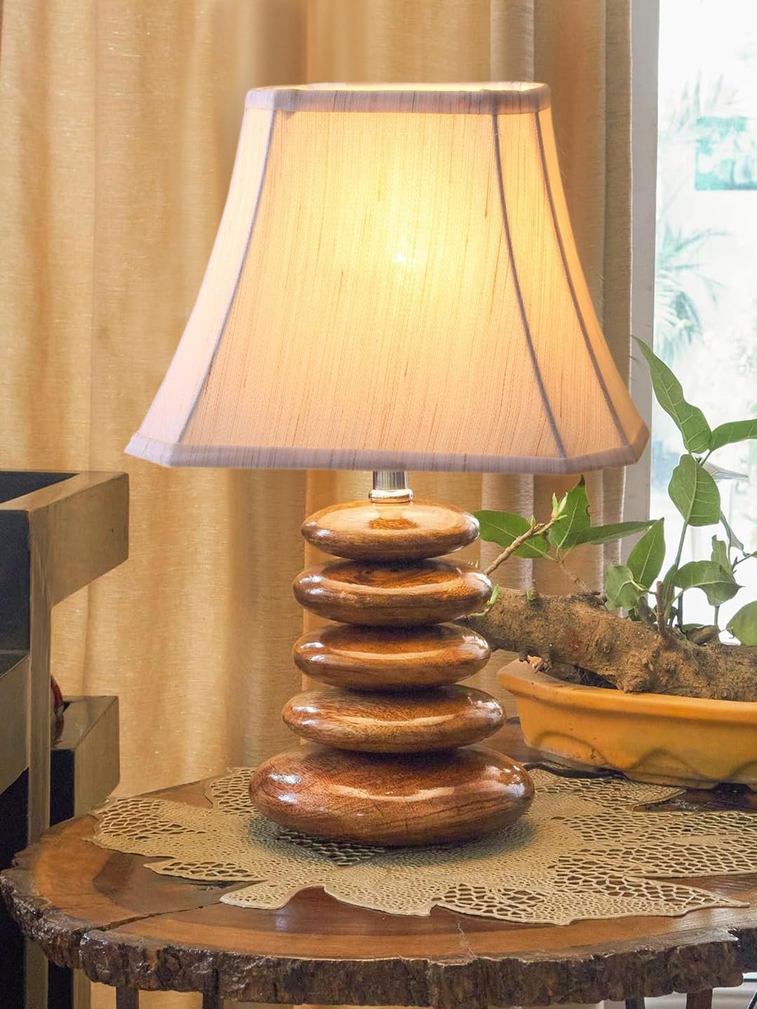Upscale Table Lamp with Glass & Wooden Base | Elegant Night Light for Home & Room Decoration | Bedroom & Living Room Lighting | Multiple Designs - (Off-White)