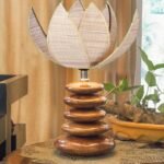 Upscale Table Lamp with Glass & Wooden Base | Elegant Night Light for Home & Room Decoration | Bedroom & Living Room Lighting | Multiple Designs – (Beige)