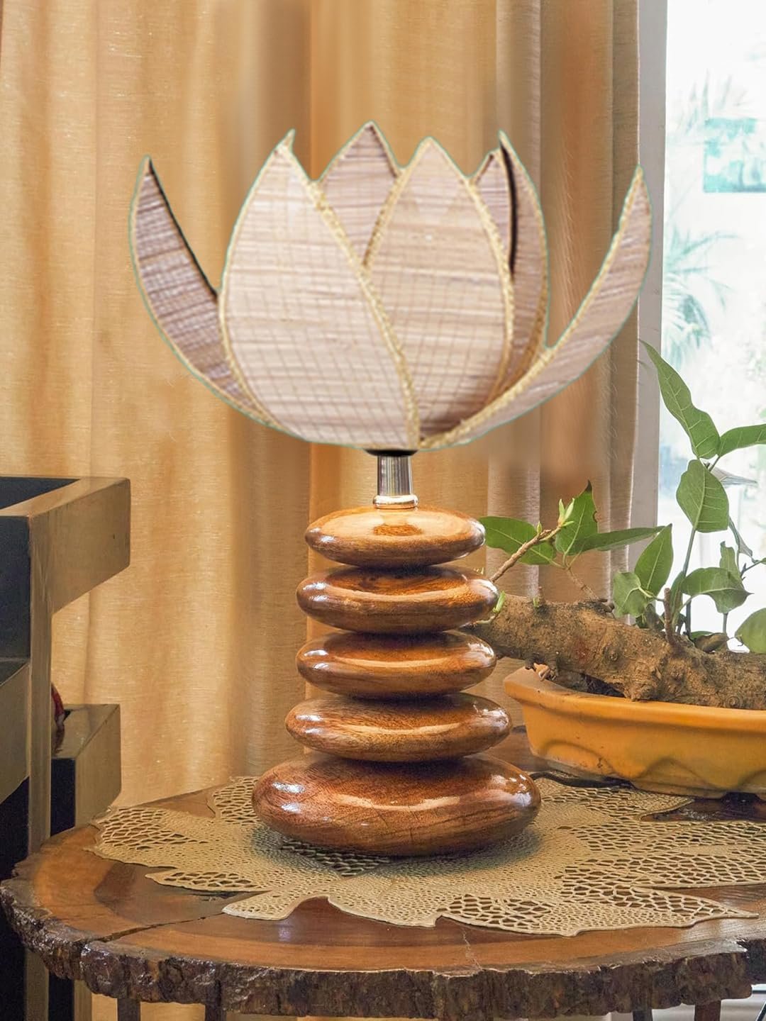 Upscale Table Lamp with Glass & Wooden Base | Elegant Night Light for Home & Room Decoration | Bedroom & Living Room Lighting | Multiple Designs - (Beige)