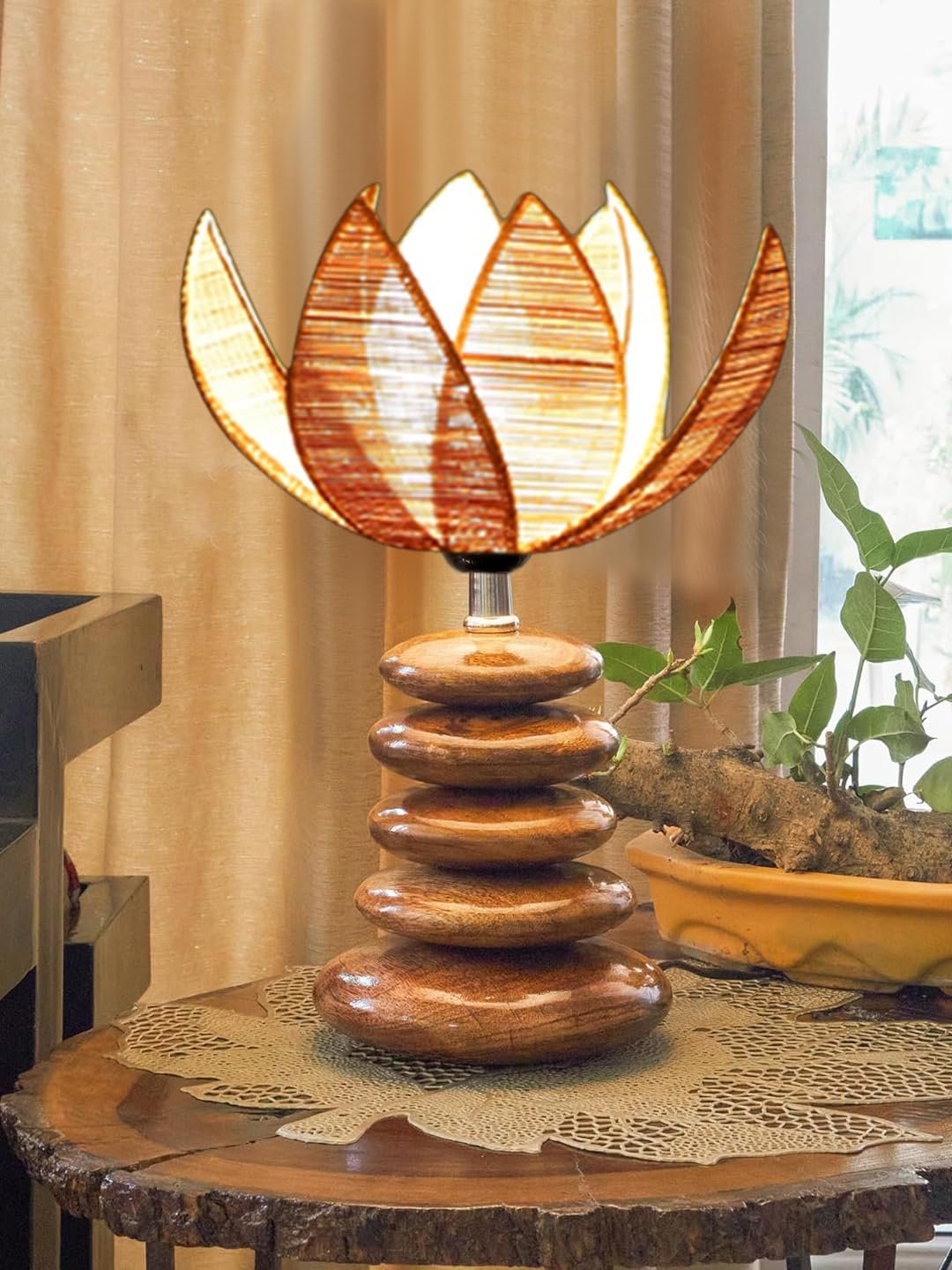 Upscale Table Lamp with Glass & Wooden Base | Elegant Night Light for Home & Room Decoration | Bedroom & Living Room Lighting | Multiple Designs - (Beige)