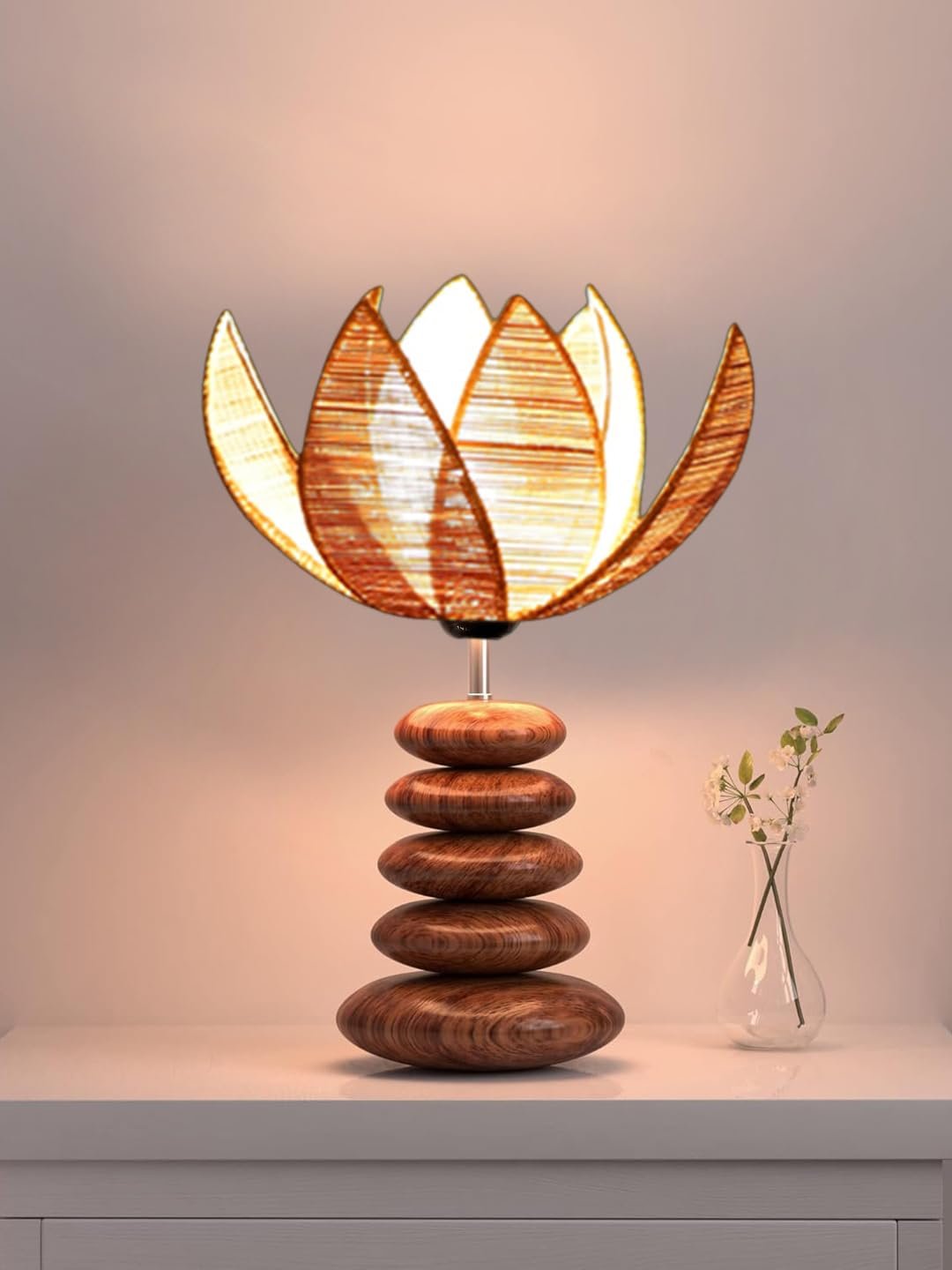 Upscale Table Lamp with Glass & Wooden Base | Elegant Night Light for Home & Room Decoration | Bedroom & Living Room Lighting | Multiple Designs - (Beige)