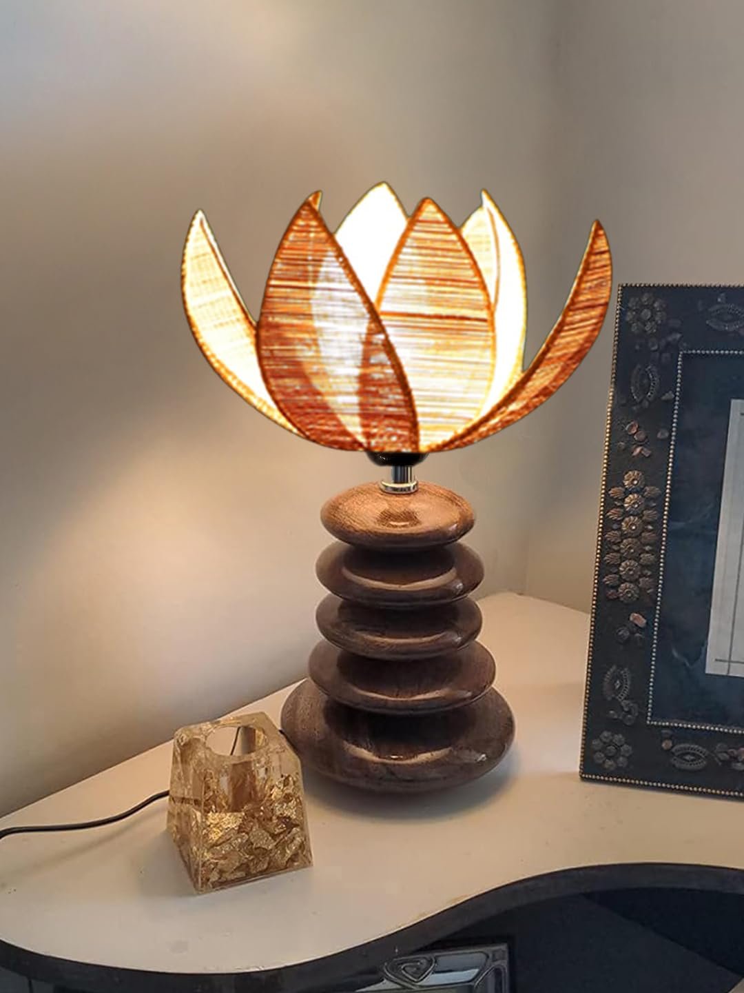 Upscale Table Lamp with Glass & Wooden Base | Elegant Night Light for Home & Room Decoration | Bedroom & Living Room Lighting | Multiple Designs - (Beige)