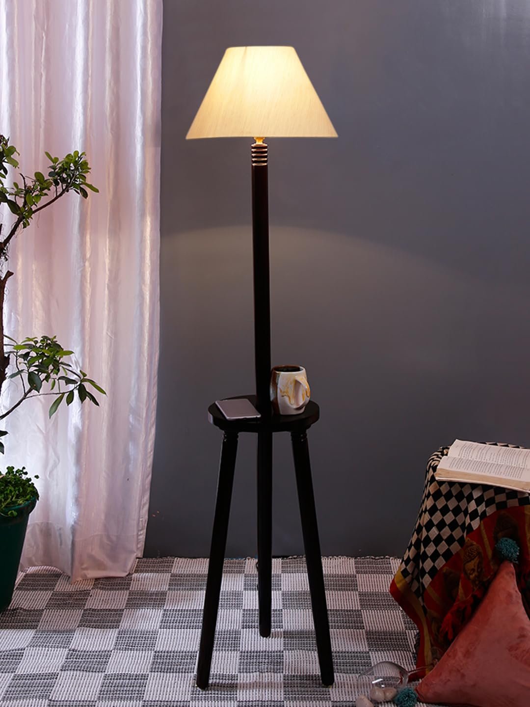 Off-White Cotton Conical Wooden Floor Lamp -20(14x55.75inches) -Tripod Brown