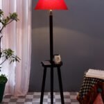 Red Cotton Conical Wooden Floor Lamp -22-(14×55.75inches) -Tripod Brown