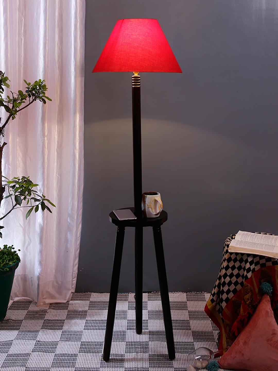 Red Cotton Conical Wooden Floor Lamp -22-(14x55.75inches) -Tripod Brown