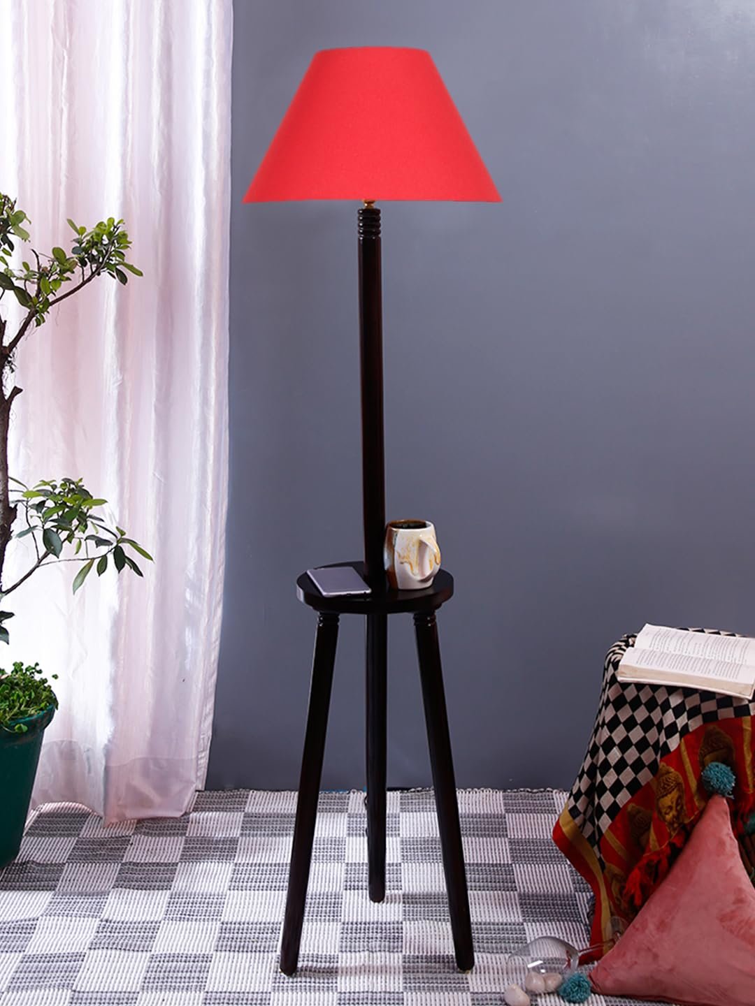 Red Cotton Conical Wooden Floor Lamp -22-(14x55.75inches) -Tripod Brown