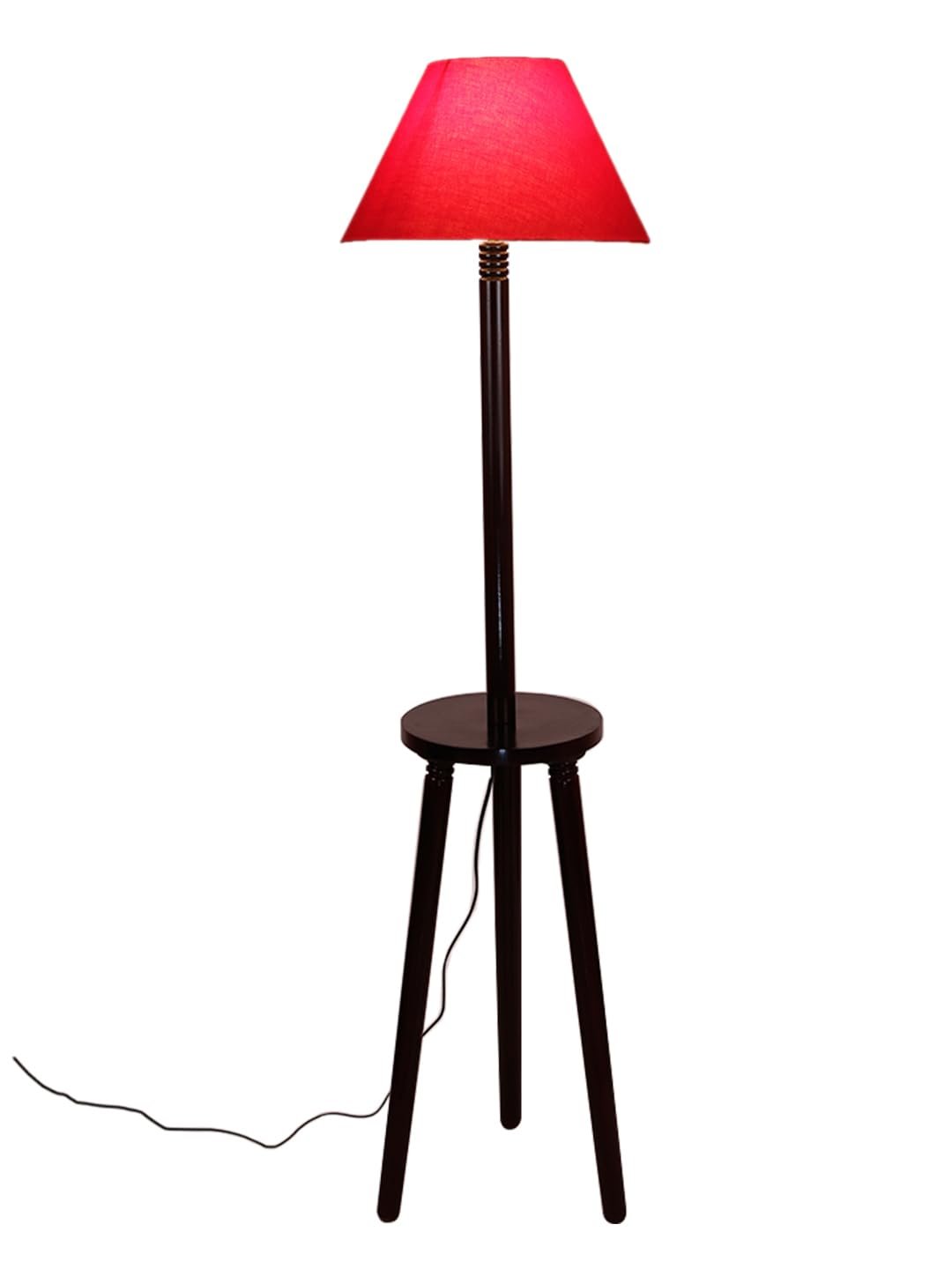 Red Cotton Conical Wooden Floor Lamp -22-(14x55.75inches) -Tripod Brown