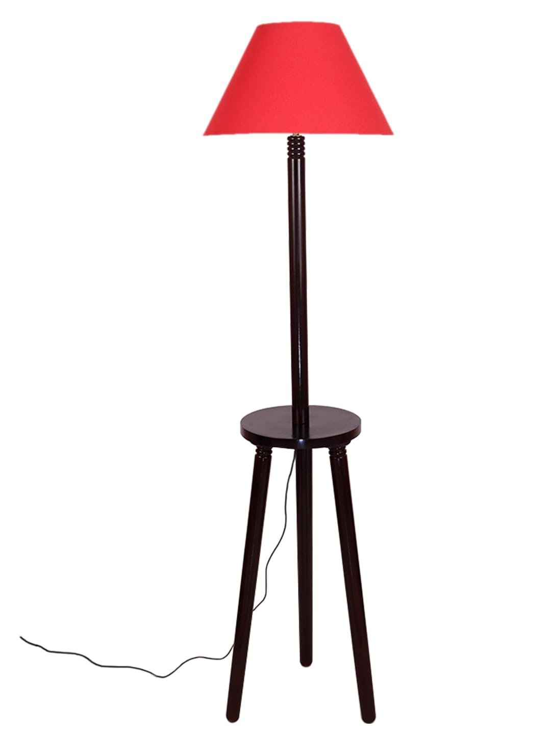 Red Cotton Conical Wooden Floor Lamp -22-(14x55.75inches) -Tripod Brown