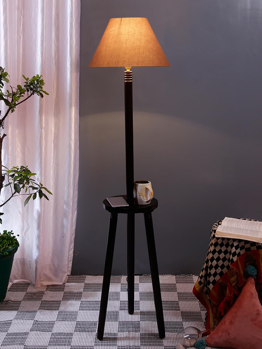 Grey Cotton Conical Wooden Floor Lamp -25-(14x55.75inches) -Tripod Brown