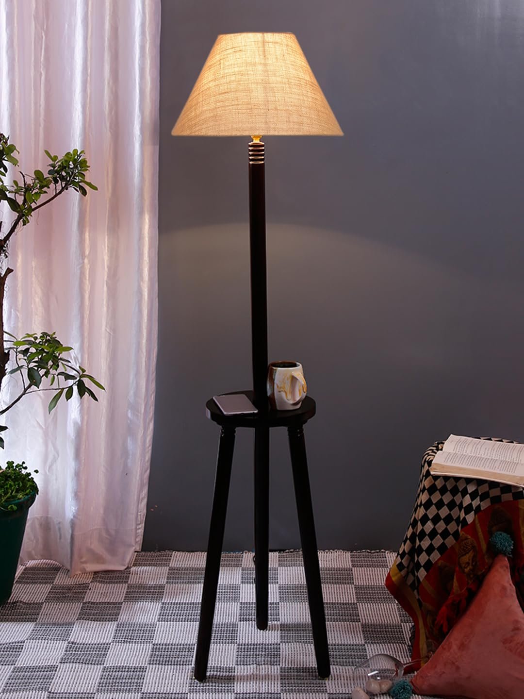 Beige Jute Conical Wooden Floor Lamp -27-(14x55.75inches) -Tripod Brown