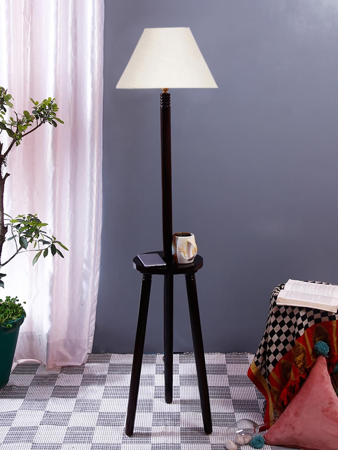 White Jute Conical Wooden Floor Lamp -28-(14x55.75inches) -Tripod Brown
