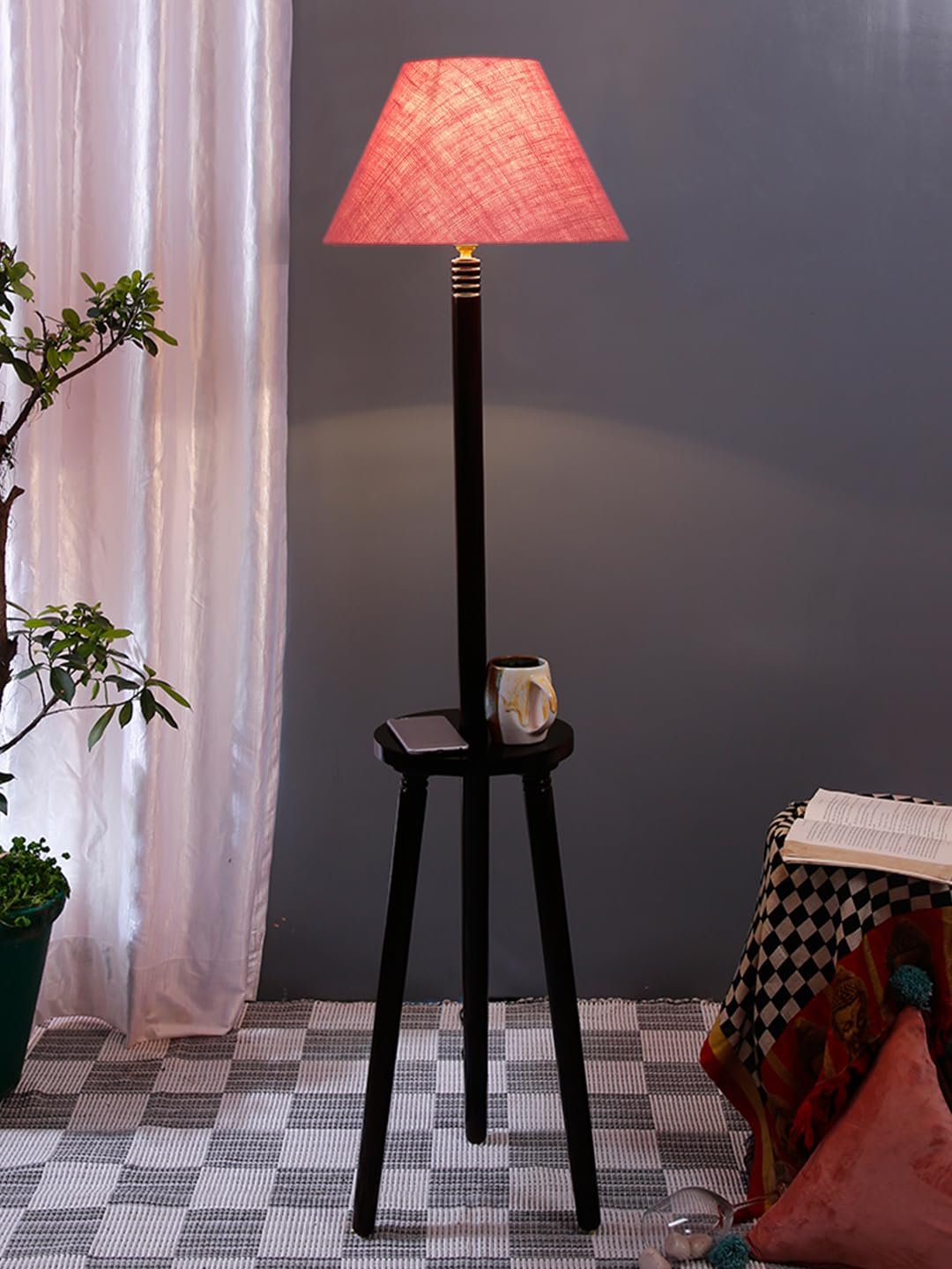 Pink Jute Conical Wooden Floor Lamp -29-(14x55.75inches) -Tripod Brown