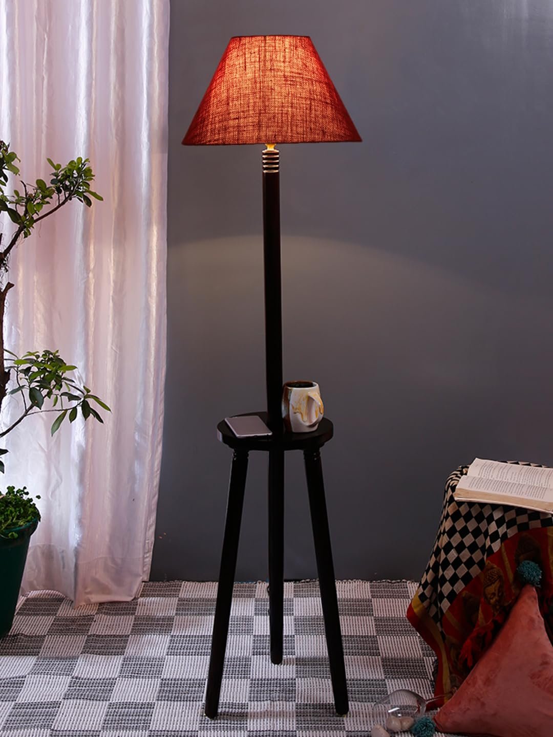 Maroon Jute Conical Wooden Floor Lamp -30-(14x55.75inches) -Tripod Brown