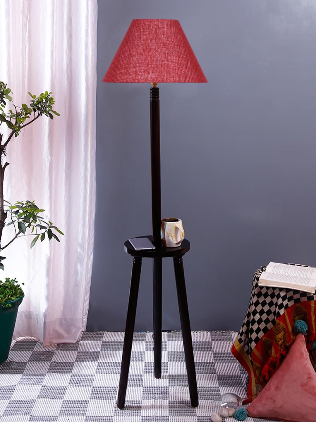 Maroon Jute Conical Wooden Floor Lamp -30-(14x55.75inches) -Tripod Brown