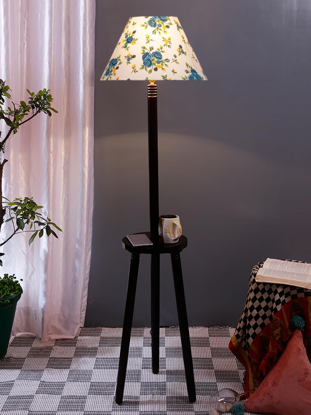 Printed Cotton Conical Wooden Floor Lamp -32-(14x55.75inches) -Tripod Brown