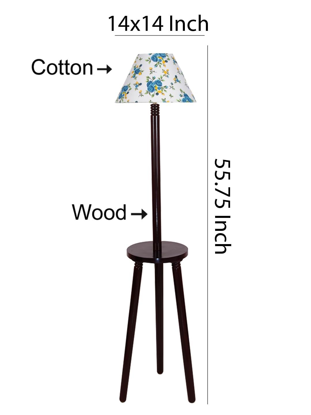 Printed Cotton Conical Wooden Floor Lamp -32-(14x55.75inches) -Tripod Brown
