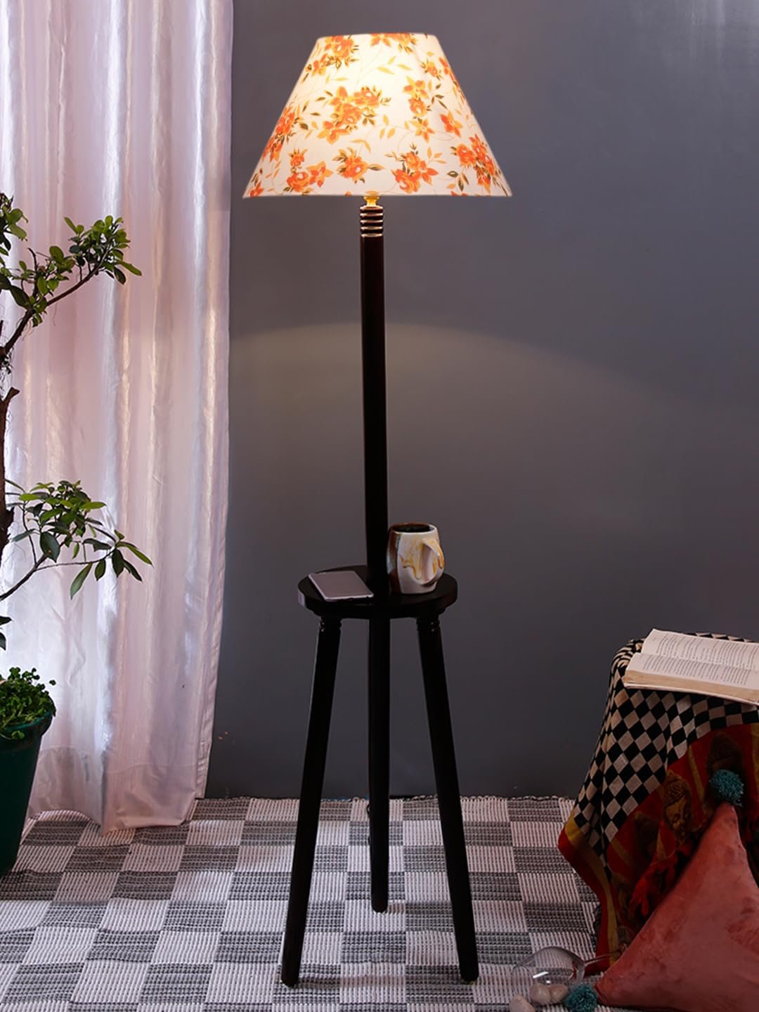 Printed Cotton Conical Wooden Floor Lamp -33-(14x55.75inches) -Tripod Brown