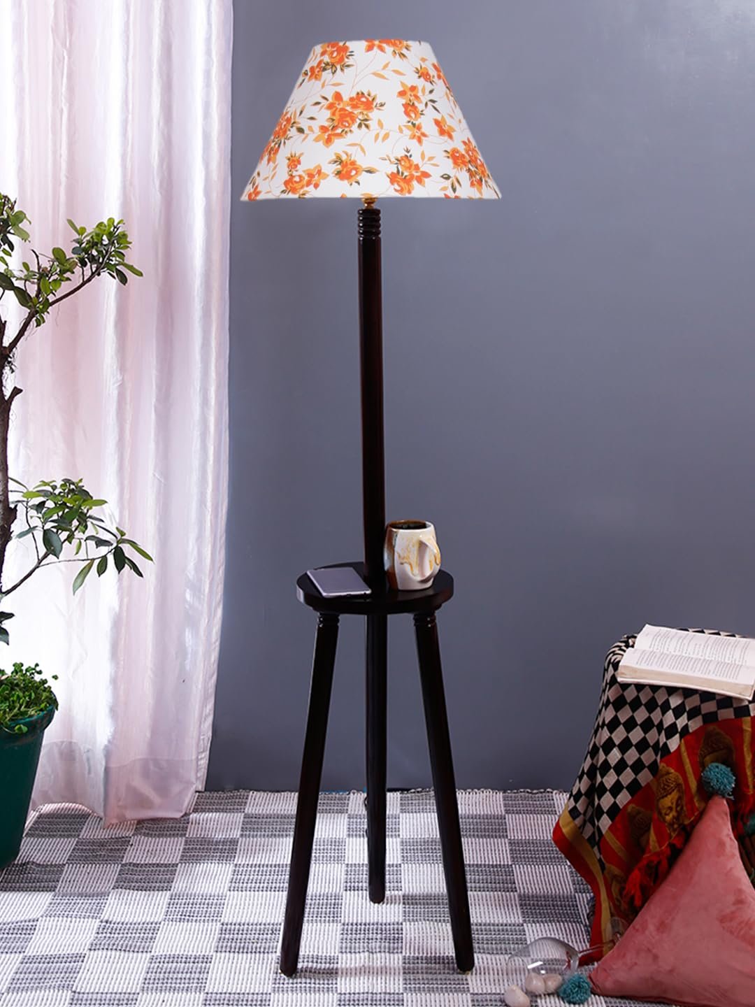 Printed Cotton Conical Wooden Floor Lamp -33-(14x55.75inches) -Tripod Brown